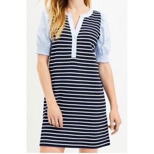 NWT $80 LOFT Navy White Stripe Split Neck Puffed Sleeve Casual Dress Size S